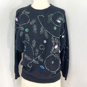 Black Beaded Sweater Lg Pullover Long Sleeve Holiday Festive Whimsy Goth Party